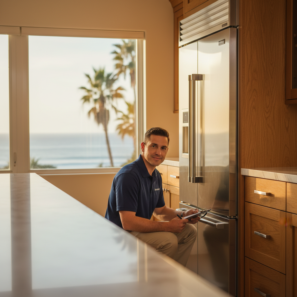 Appliance repair technician servicing a Sub-Zero refrigerator in a Pacific Palisades coastal kitchen